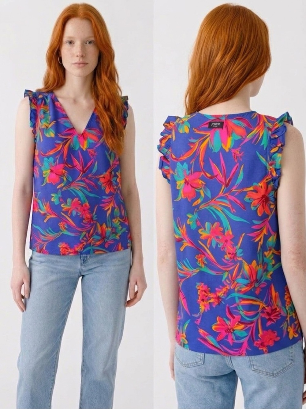 J. Crew Royal Blue Tropical Floral, Ruffle Sleeve Camisole tropical, vacation